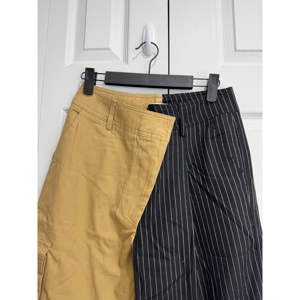 NWT Choosy‎ Two-Tone Pinstripe Cargo Pants Women's 2 Tan Black Pull-On Wide-Leg - Picture 2 of 12